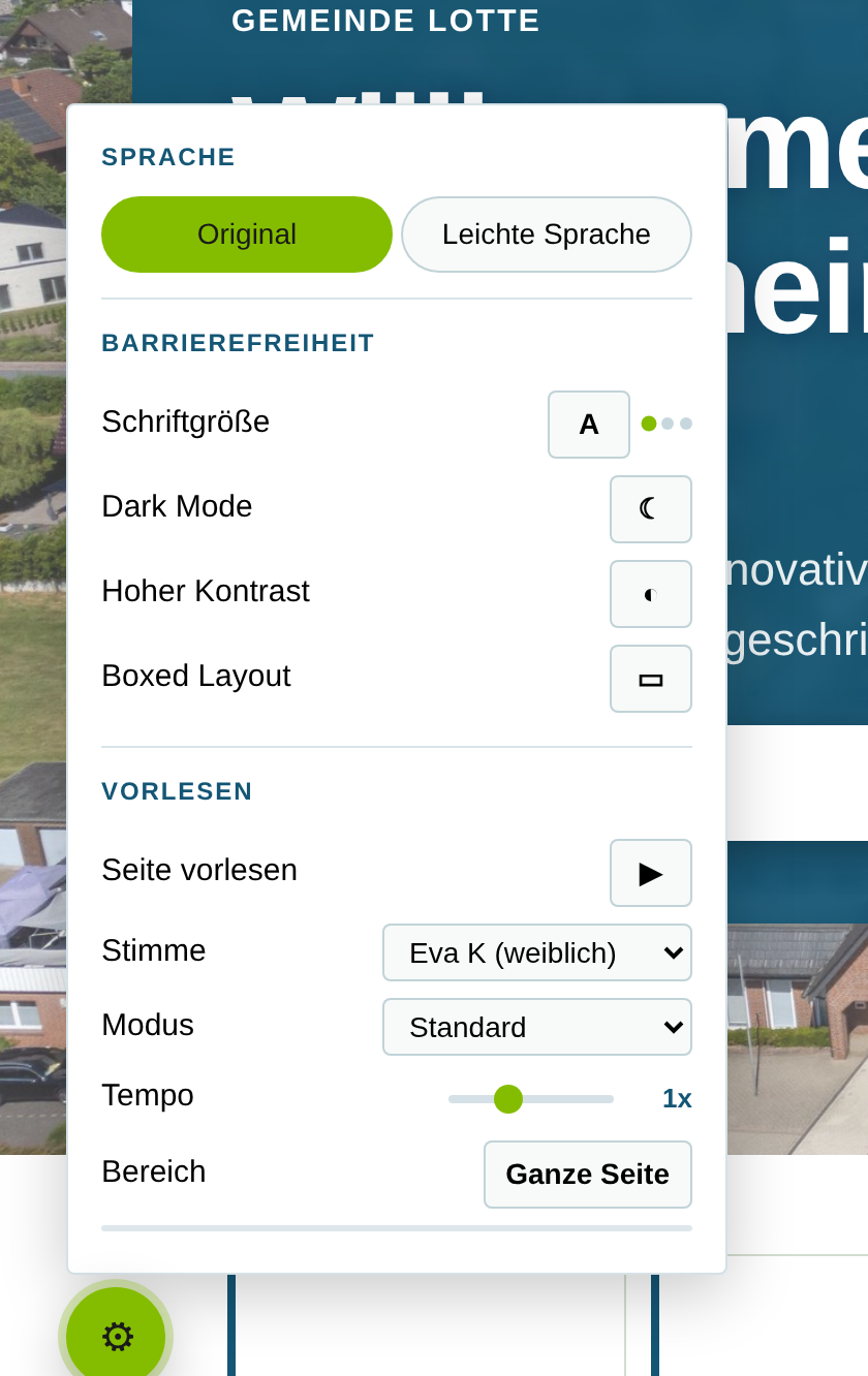 Geöffnetes Bedienmenü der Gemeinde Lotte mit der Auswahl Leichte Sprache